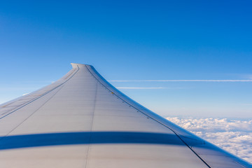 Wing of an airplane above the clouds