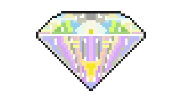 A shiny diamond gem made as pixel art (8-bit simple style). The hue changes over time, shifting every color and creating a movement similar to a dance.
