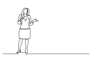continuous line drawing of business presentation - woman trainer talking with microphone