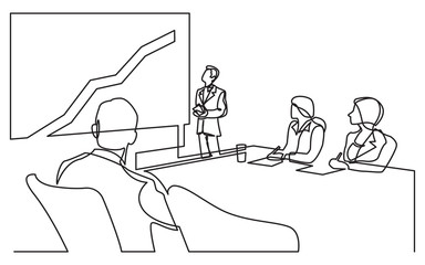 continuous line drawing of business presentation - team watching growing graph