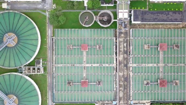 Aerial top view recirculation solid contact clarifier sedimentation tank, Water treatment plant.