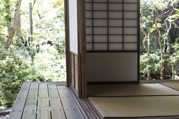 classic wooden Japanese house's hall way with Tatami mat for the floor