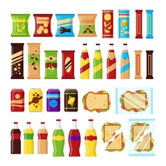 Poster Snack product set for vending machine. Fast food snacks, drinks, nuts, chips, cracker, juice, sandwich for vendor machine bar isolated on white background. Flat illustration in vector © Ekaterina Mikhailova