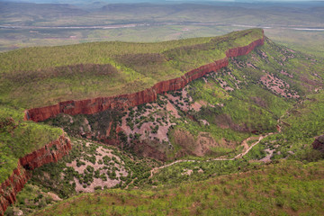 Fototapeta na wymiar Wide angle aerial view of the iconic cliffs and high plateau of the Cockburn Range, El Questro Station, Kimberley, Australia.