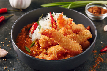 Fried King Shrimps or Prawns with Rice and Curry