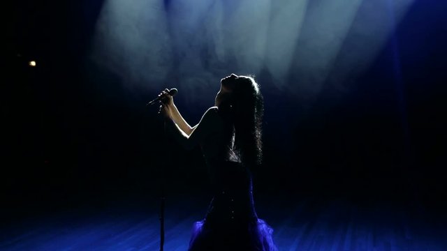 Beautiful young female vocalist give a concert on a stage in the dark under the light of many searchlights.