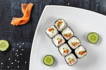 Sushi with Salmon Cucumber and Cream Cheese Inside