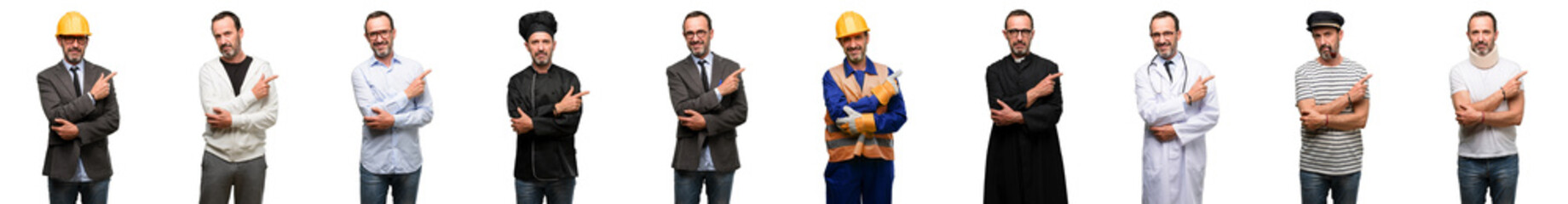 Senior man, different professionals pointing away side with finger