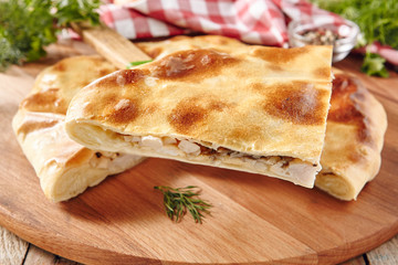 Pie with Chicken, Mushrooms and Cheese Selective Focus