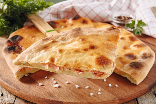 Pie with Salmon, Potato and Cheese Selective Focus