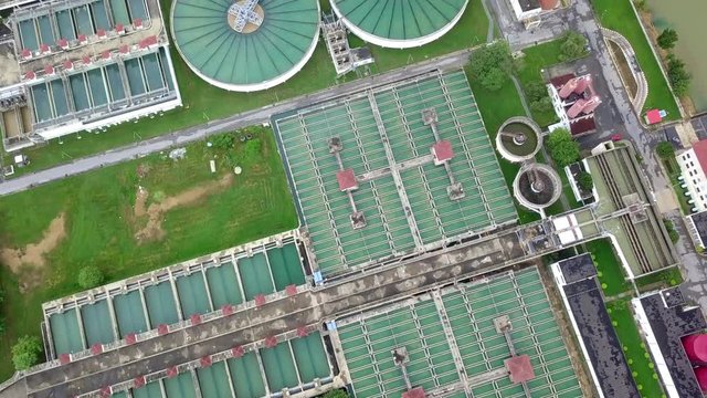 Aerial top view recirculation solid contact clarifier sedimentation tank, Water treatment plant.