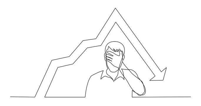 Self drawing animation of continuous line drawing of man hiding his face in despair because of  decreasing graph