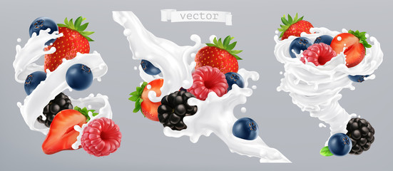 Forest berry and milk splash. Fruit and yogurt. 3d realistic vector icon