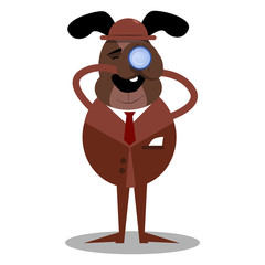 Cartoon illustrated business dog holding binoculars in his hands.
