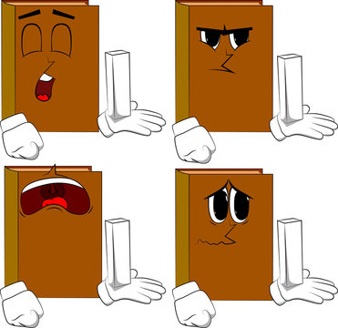 Books holding white tall box. Cartoon book collection with sad faces. Expressions vector set.