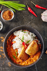 Hot Spicy Crispy Fried Chicken Fillet with Curry and Rice on Dark Background