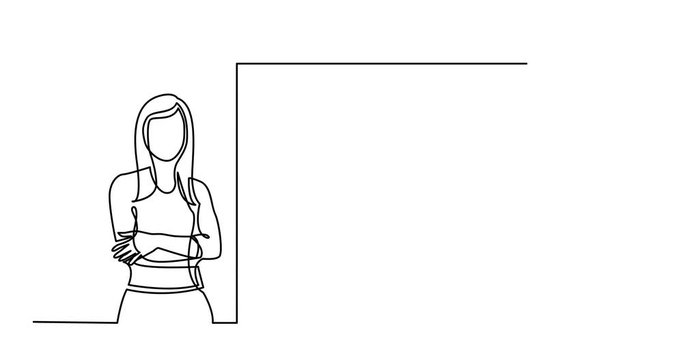 Animation of continuous line drawing of business presentation - business trainer standing by screen