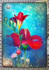 Foto op Canvas Achtergrond blauw met fresia, tulp, anjer, dayy en hibiscus bloemen. © Rosario Rizzo