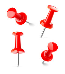 Set of red push pins in different angles isolated on white background. Vector illustration. EPS10.