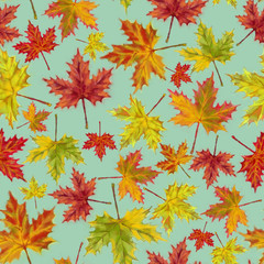 Autumn Maple Foliage Seamless Pattern on Lime Background.  Watercolor Botanical Rapport for Print, Background,  Gift Wrap, and Textile.