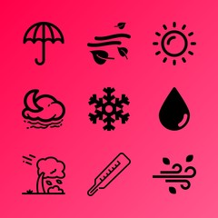 Vector icon set about weather with 9 icons related to interface, cloudscape, valentine, damage, design, romance, celebration, ray, night and set