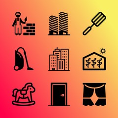 Vector icon set about home with 9 icons related to sweep, fabric, textile, velvet, ripe, cleanliness, boy, development, mixing and close