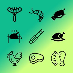 Vector icon set about barbecue with 9 icons related to hot, knife, tomato, grilling, silver, black, animal, healthy, crustacean and product