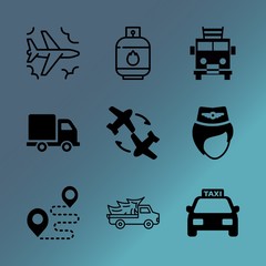 Vector icon set about transport with 9 icons related to tourism, help, commercial, assistance, terminal, art, travel, industrial, direction and train