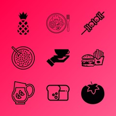 Vector icon set about food with 9 icons related to hand, bake, cooking, saucer, citrus, sign, burger, yellow, restaurant and potatoes