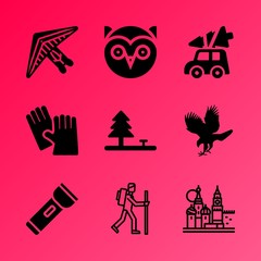 Vector icon set about fitness and sport with 9 icons related to tournament, park, safety, spring, sedan, flaming, flame, finger, flag and woman