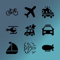 Vector icon set about transport with 9 icons related to copter, industrial, tourism, urban, set, trade, creative, blades, trip and yachting