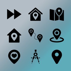 Vector icon set about location with 9 icons related to journey, vintage, nature, navigation, boy, degree, destination, gray, retro and traffic