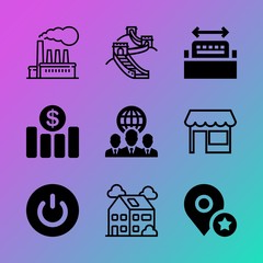 Vector icon set about business with 9 icons related to neighborhood, engineer, template, off button, girl, infographic, japan, computer, landscape and options