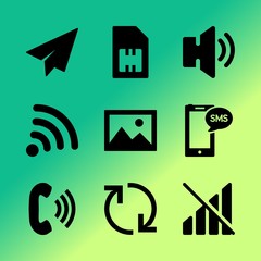 Vector icon set about mobile device with 9 icons related to internet, texting, help, micro, sim cart, display, application, analog, illustration and arrow