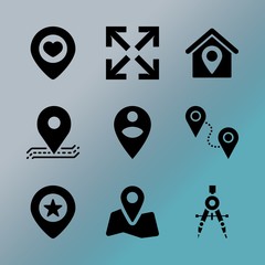 Vector icon set about location with 9 icons related to graphic, signpost, isolated, red, orientation, connect, latitude, enlarge, destination and default