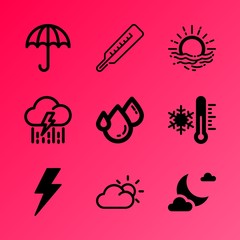 Vector icon set about weather with 9 icons related to astrology, object, range, cloud, stormy, shape, rain, white, galaxy and sunrise