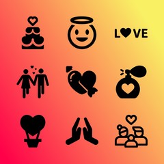 Vector icon set about love with 9 icons related to nobody, female, god, date, dessert, human, calligraphic, perfumery, blood and leisure