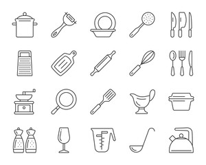 Kitchenware simple black line icons vector set