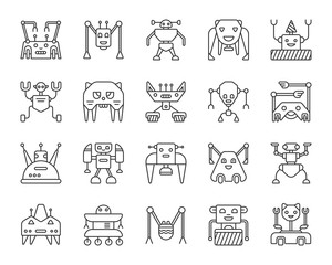 Robot simple black line icons vector set