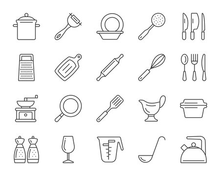 Kitchenware Simple Black Line Icons Vector Set