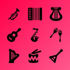 Vector icon set about music instruments with 9 icons related to art, composition, sound, harmonic, key, treble, sign, isolated, icon and concept
