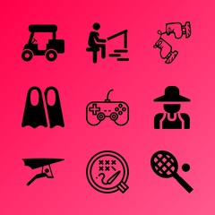 Vector icon set about hobby with 9 icons related to angler, gardener, athletic, snorkel, dynamics, match, fisherman, fishing, competitive and season