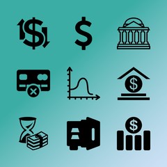 Vector icon set about bank with 9 icons related to bag, white, background, improvement, executive, bank, lettering, facade, pig and hand