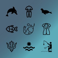 Vector icon set about sea with 9 icons related to casting, angling, isolated, wave, color, studio shot, pacific, template, male and gear
