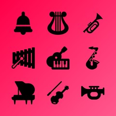 Vector icon set about music instruments with 9 icons related to object, orchestra, trumpet, wallpaper, style, shape, white, decoration, key and grand piano