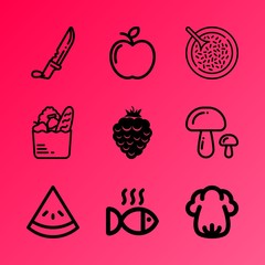Vector icon set about food with 9 icons related to pepper, group, agriculture, sign, stem, illustration, dishware, pineapple, health and striped