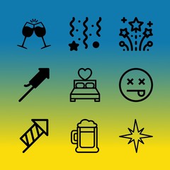 Vector icon set about birthday party with 9 icons related to drink, medical, magical, furniture, dark, restaurant, lager, bubbles, toast and club