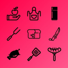 Vector icon set about kitchen with 9 icons related to kitchenware, sliced, web, drawn, modern, cooking, illustration, silhouette, bakery and poultry