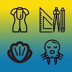 Vector icon set  about sea with 4 icons related to shellfish, wild, white background, swimwear and travel