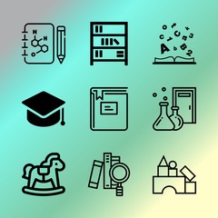 Vector icon set about education with 9 icons related to isolated, spine, working, biotechnology, concept, supplies, tool, kids, chemical and pure
